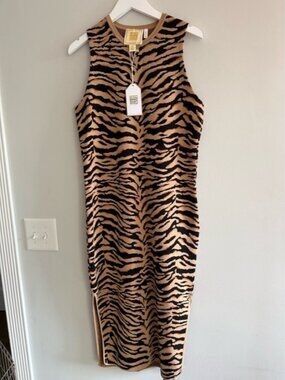 Emily McCarthy Tiger-Print Knit Midi Dress in Tan & Black NWT